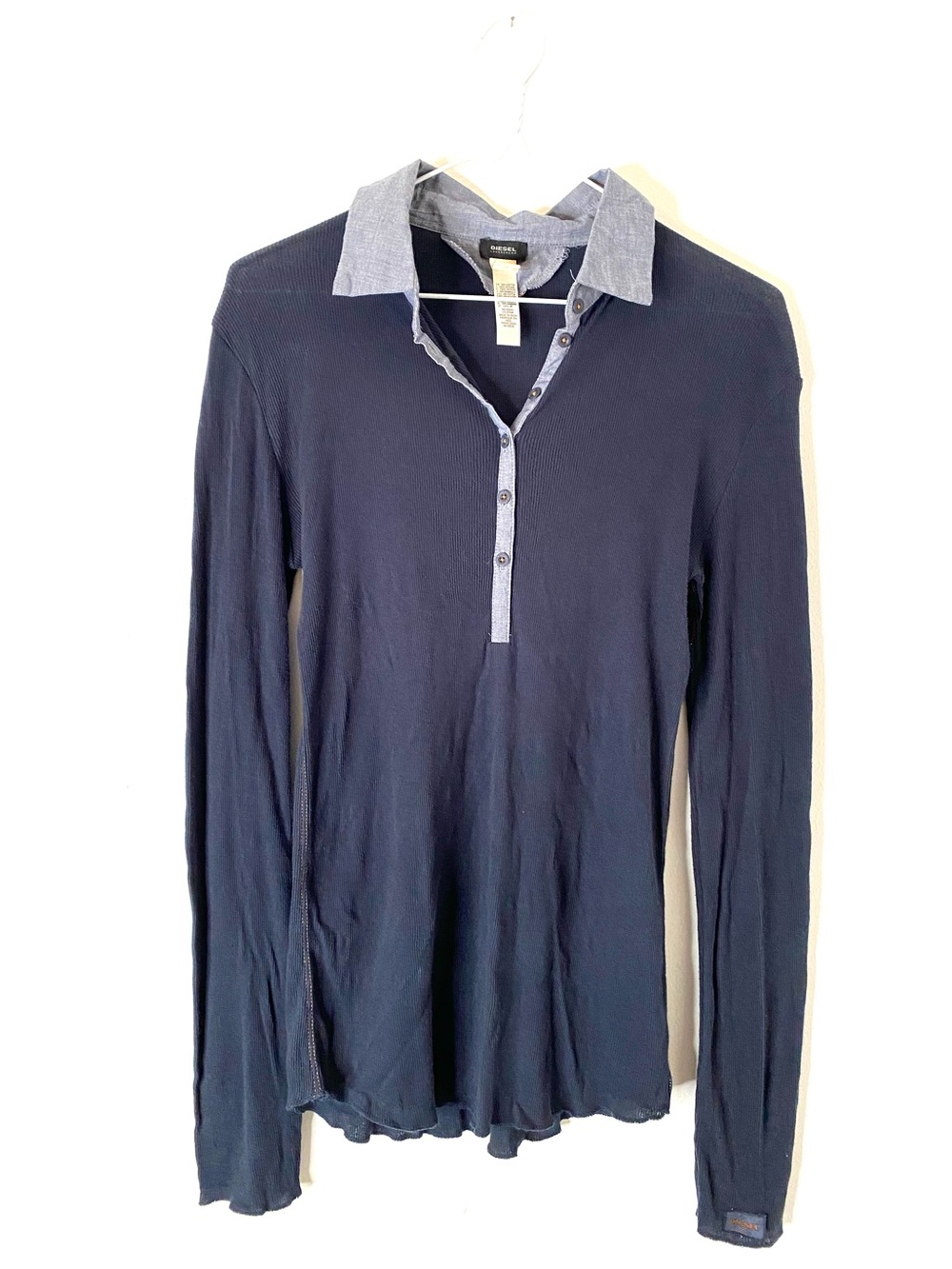 Diesel Navy Blue Ribbed Cotton Long Sleeve Polo Shirt Contrast Collar Y2K